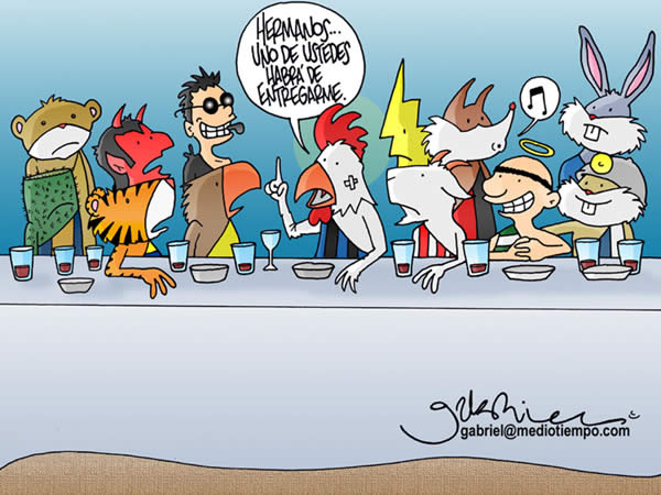 el gallo, sentando en su ultima cena, dice: hermanos, uno de ustedes habra...