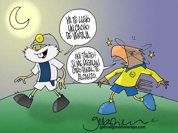 El Tuzo dice: ya te llevo un cacho de ventaja! El Aguila responde: ni tanto,...