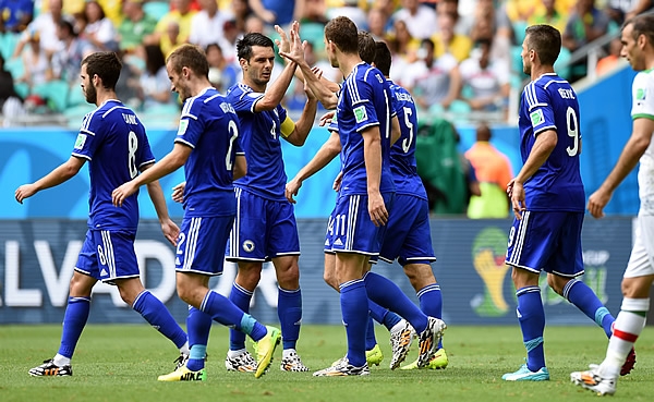 Bosnia celebra el gol que los tiene ganando el partido.