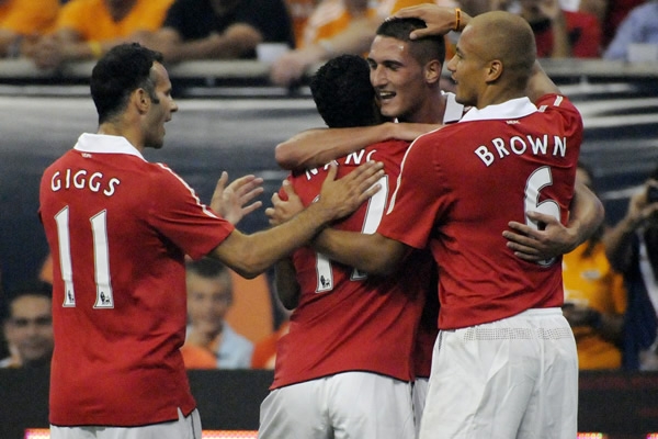 La celebración de uno de los goles del Manchester