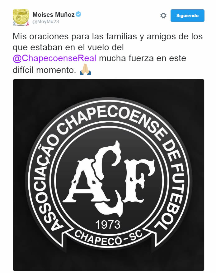 El mundo del futbol se conduele por tragedia del Chapecoense
