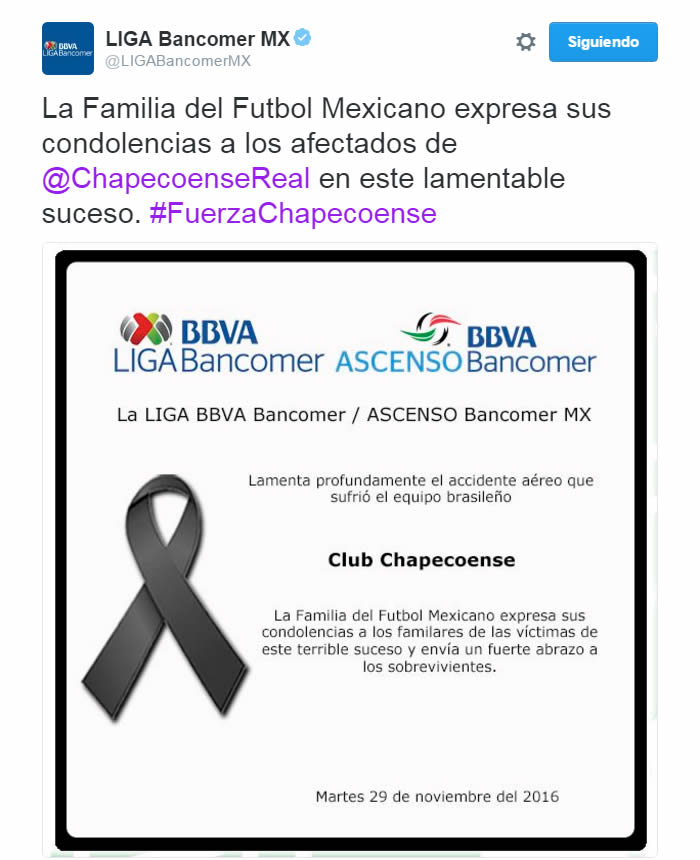 El mundo del futbol se conduele por tragedia del Chapecoense
