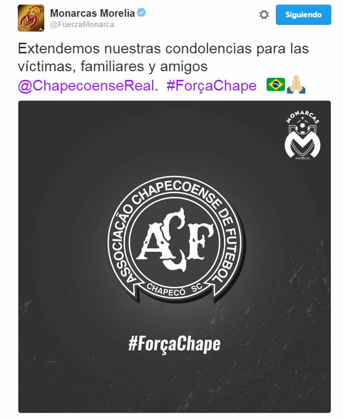 El mundo del futbol se conduele por tragedia del Chapecoense