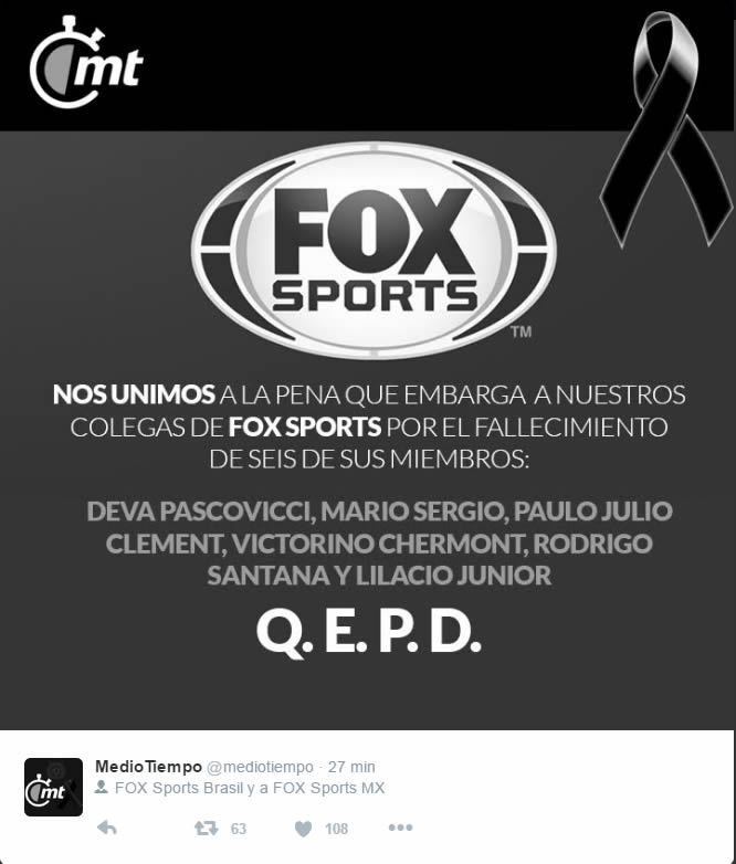 El mundo del futbol se conduele por tragedia del Chapecoense