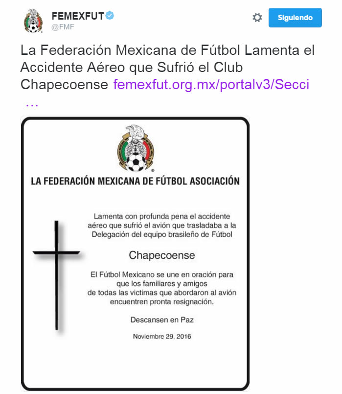 El mundo del futbol se conduele por tragedia del Chapecoense