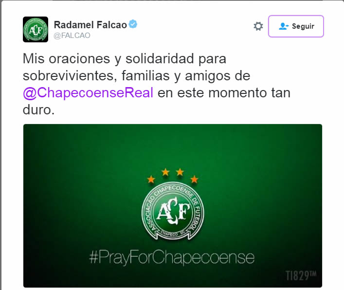El mundo del futbol se conduele por tragedia del Chapecoense