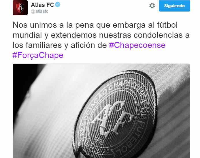 El mundo del futbol se conduele por tragedia del Chapecoense