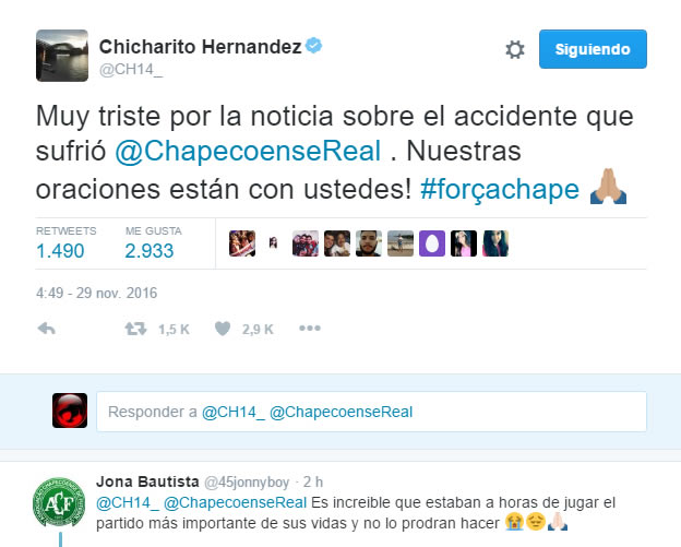 El mundo del futbol se conduele por tragedia del Chapecoense.