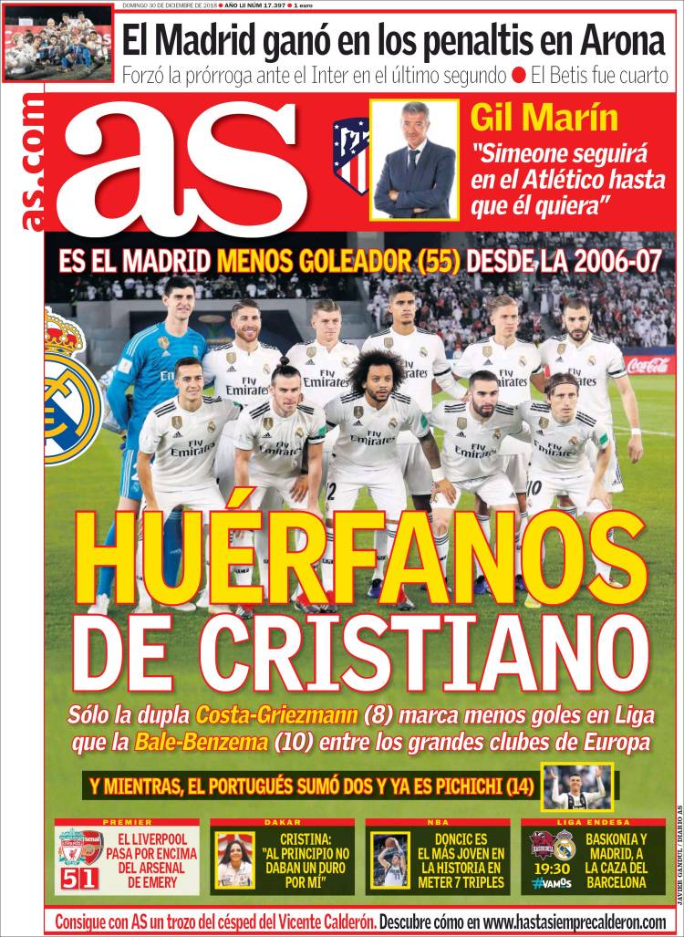 Las portadas del mundo deportivo en este 30 de diciembre de 2018