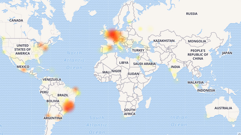 Mapa de la caída de WhatsApp el 22 de enero del 2019 (Downdetector)