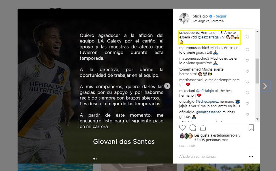 El mensaje de Gio tuvo respuesta también de varios excompañeros suyos. (@OficialGio)