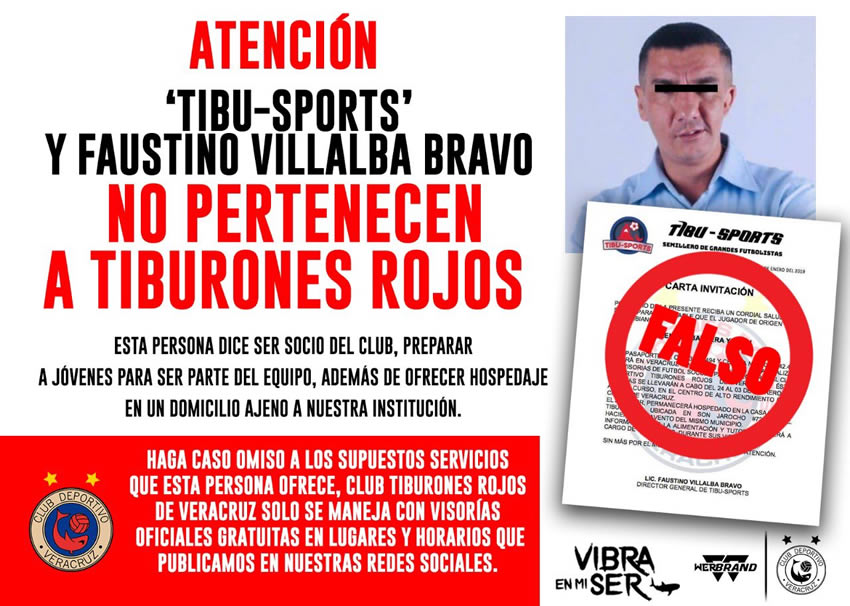 Veracruz advirtió en sus redes sociales del falso promotor. (Foto: Club Tiburones)