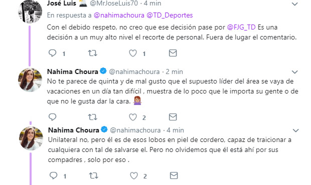 El tuit de Nahima Choura contra Francisco Javier González, director de Televisa Deportes.