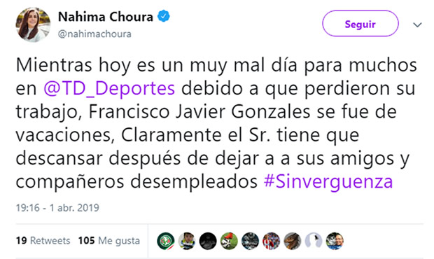 El tuit de Nahima Choura contra Francisco Javier González, director de Televisa Deportes.