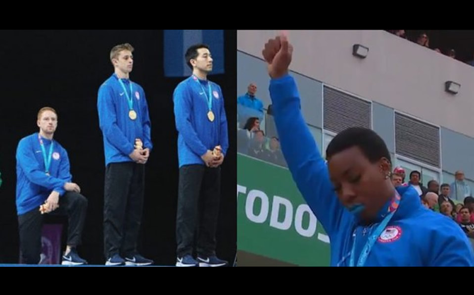 Race Imboden y Gwen Berry realizaron gestos de protesta mientras sonaba el himno nacional de su país. (Foto: Twitter)