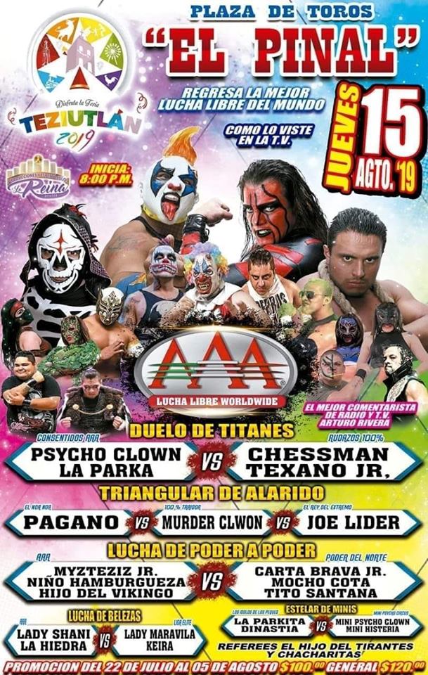 Carteleras de lucha libre del 15 al 21 de agosto de 2019