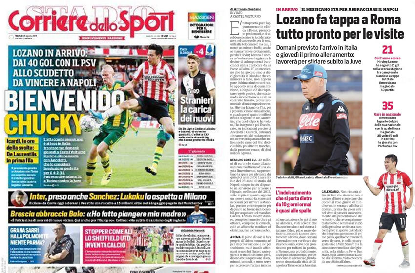 Así la portada e interiores de la Corriere dello Sport dedicada a la bienvenida del Chucky Lozano. Foto La Corriere dello Sport