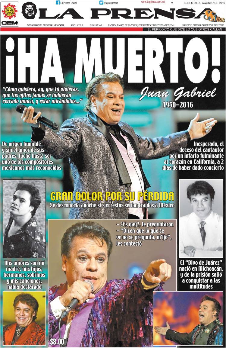 Así reaccionó el mundo tras la muerte de Juan Gabriel, un 28 de agosto de 2016.