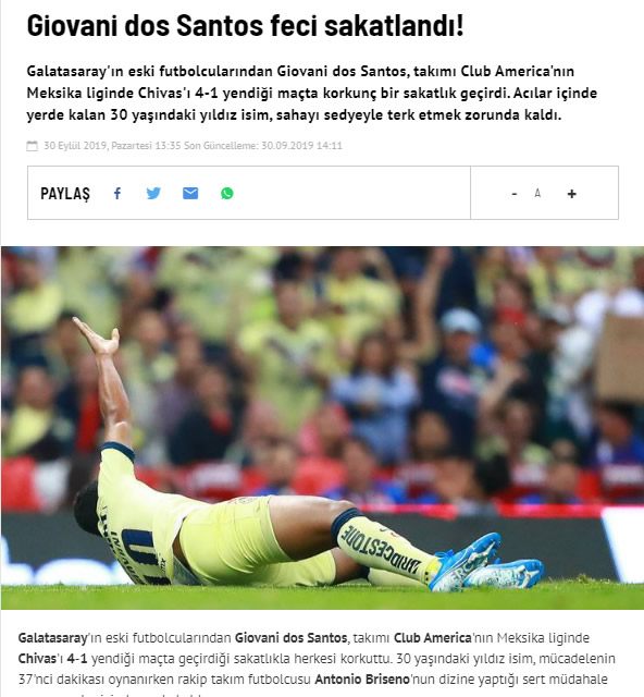 Fanatik de Turquía también recordó el pasado de Dos Santos en Galatasaray y lo aparatoso de la entrada