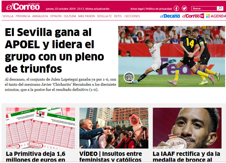 El correo destacó que el gol del Chícharo llevó al Sevilla a la cima de su Grupo.
