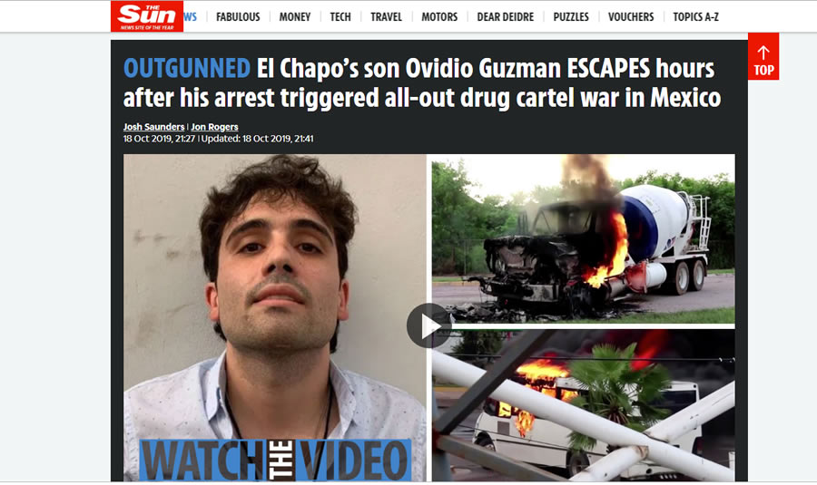 El diario Británico The Sun recalcó que Ovidio Guzmán se escapó horas después de que su arresto desencadenó una guerra entre el cártel de las drogas y