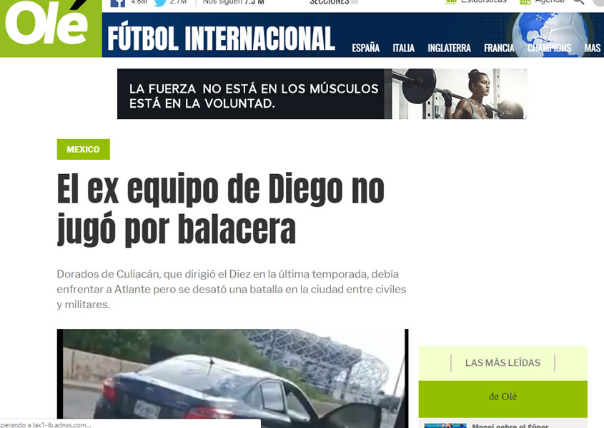 Olé de argentina destacó que el exequipo de Maradona tuvo que suspender su juego por la violencia que se vivió en Culiacán.