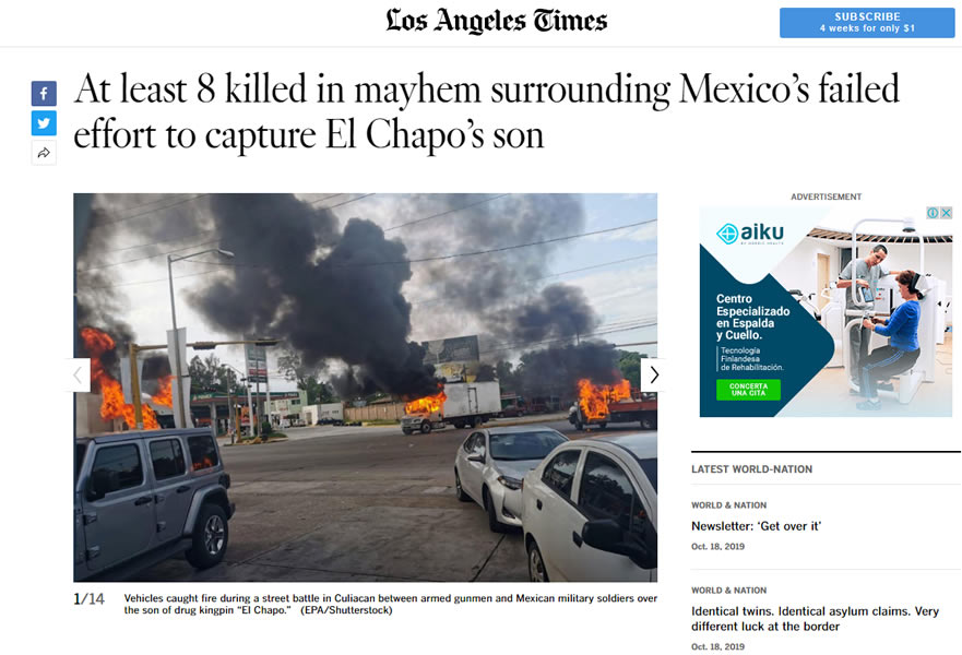 Los Angeles Times calificaron de intento fallido el esfuerzo del gobierno mexicano por capturar al hijo del Chapo Guzmán.