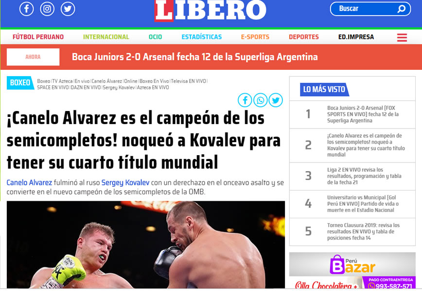 El diario Libero de Perú hizo referencia a los cuatro títulos mundiales del Canelo.