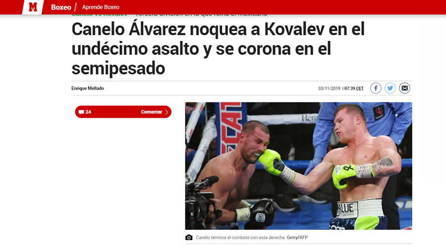 El diario Marca de España se refirió a la forma en cómo el Canelo venció a Kovalev.