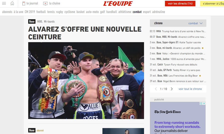 El diario francés L'equipe destacó el nuevo cetro que conquistó el boxeador azteca.