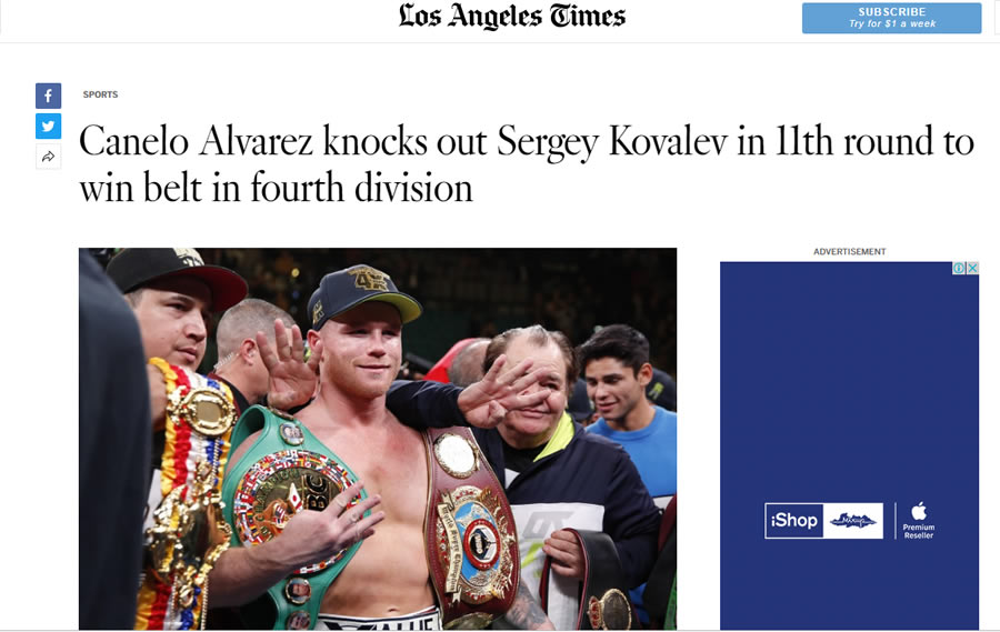 Los Angeles Times destacó la forma en cómo el Canelo se llevó el triunfo en el round 11.