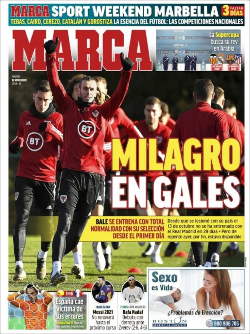 Portadas diarios deportivos en el mundo del 12 de noviembre de 2019