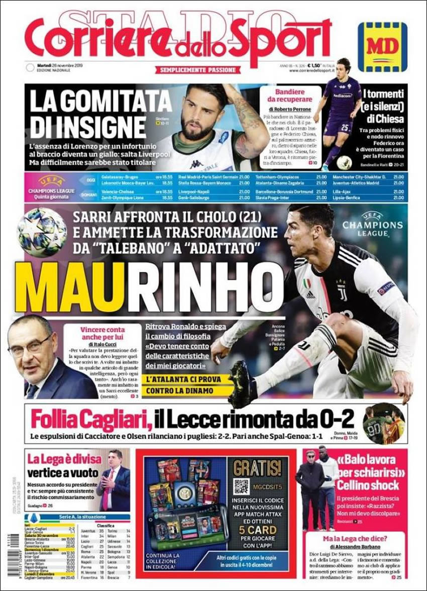 Portadas diarios deportivos en el mundo del 27 de noviembre de 2019