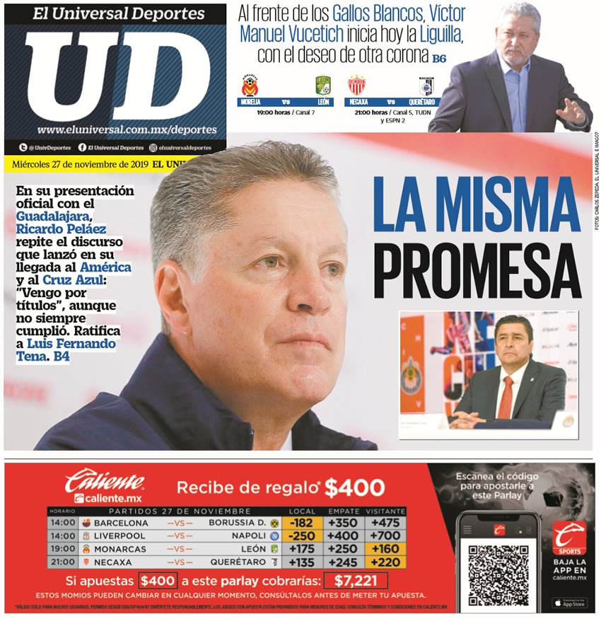 Portadas diarios deportivos en el mundo del 27 de noviembre de 2019