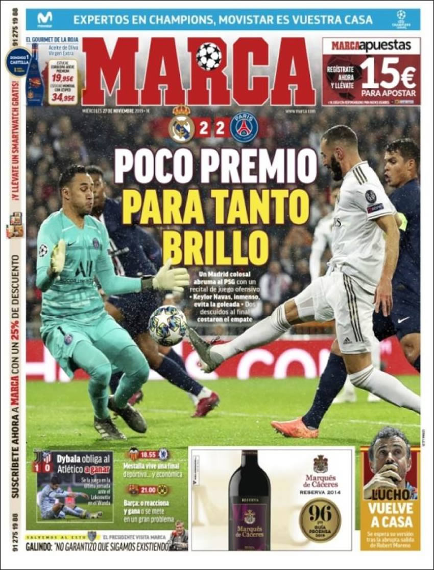Portadas diarios deportivos en el mundo del 27 de noviembre de 2019