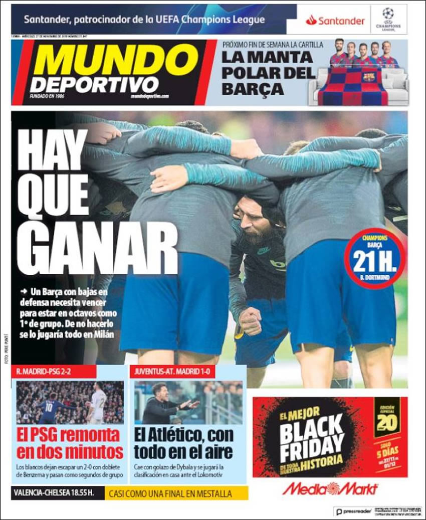 Portadas diarios deportivos en el mundo del 27 de noviembre de 2019