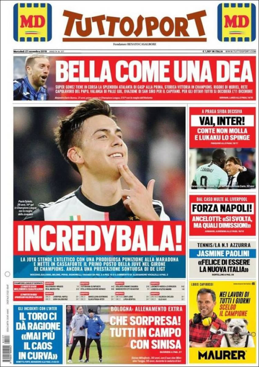 Portadas diarios deportivos en el mundo del 27 de noviembre de 2019