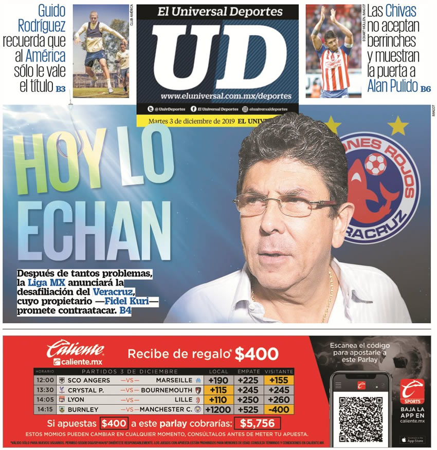Portadas diarios deportivos en el mundo del 3 de diciembre de 2019