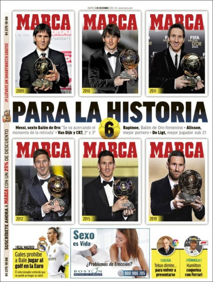Portadas diarios deportivos en el mundo del 3 de diciembre de 2019