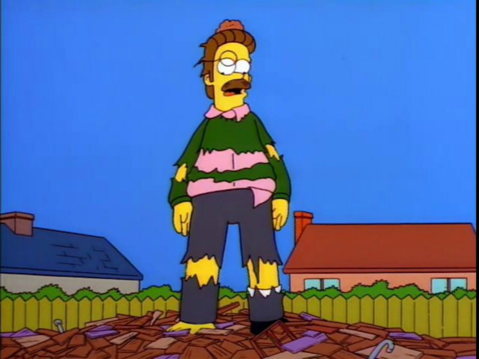Huracán Neddy | 8x07 | Ned Flanders pierde su casa y negocio por un huracán, por eso cuestiona su fe en Dios, todo empeora cuando sus vecinos intentan