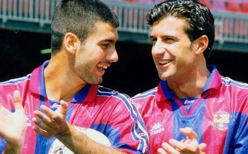 Guardiola y Figo, en la época en la que coincidieron en el Barcelona. Foto: AFP