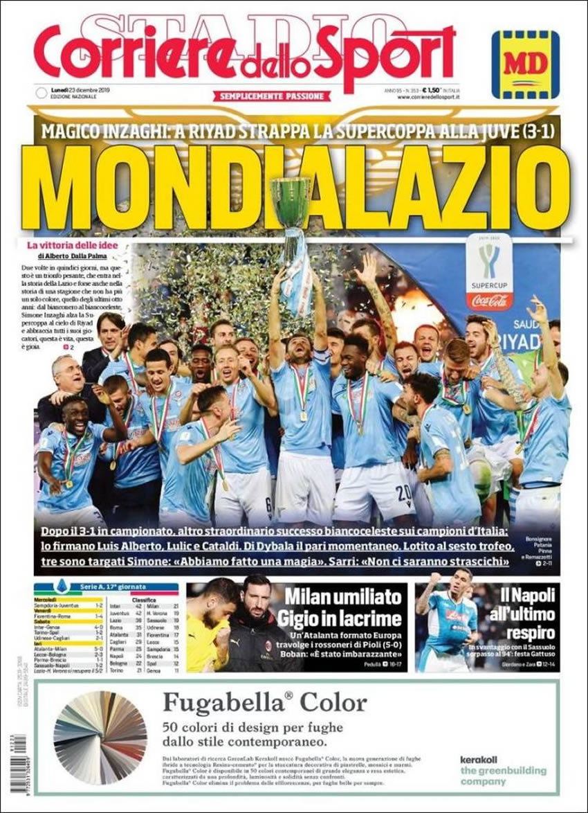 Portadas diarios deportivos en el mundo del 23 de diciembre de 2019
