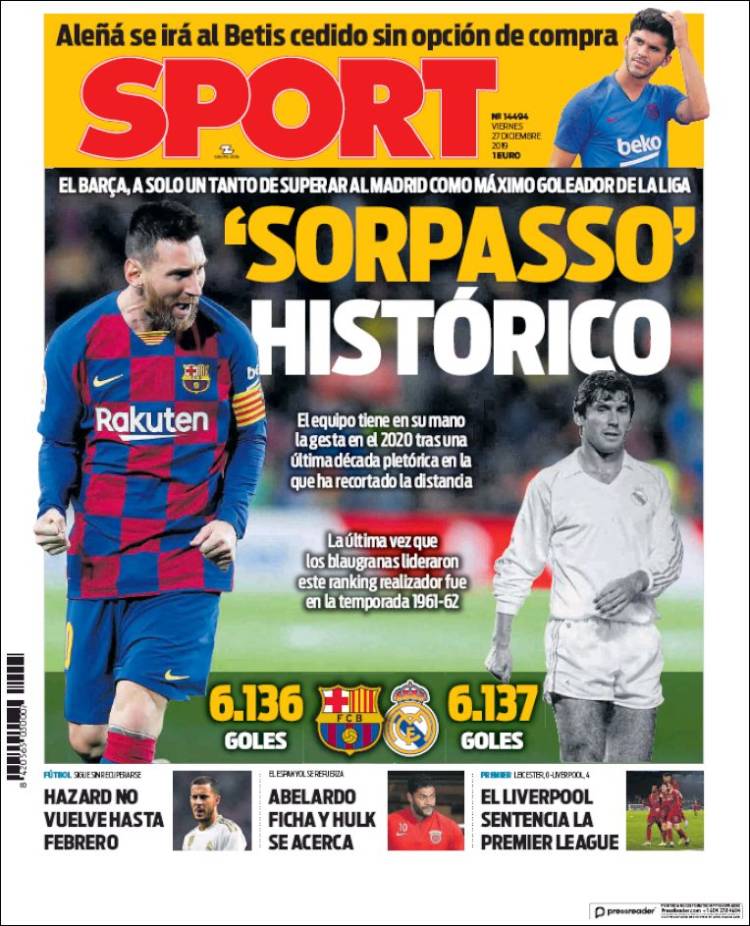 Portadas diarios deportivos en el mundo del 27 de diciembre de 2019