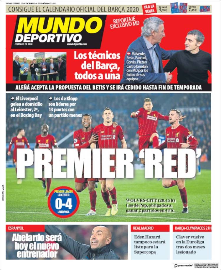 Portadas diarios deportivos en el mundo del 27 de diciembre de 2019