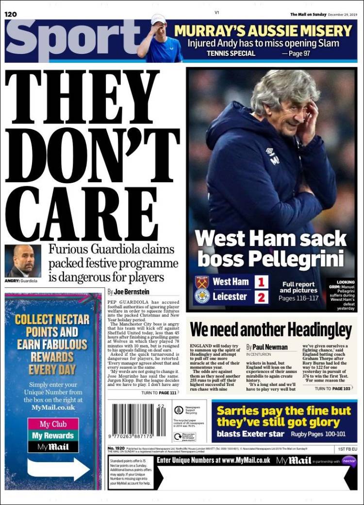 Portadas de los diarios deportivos del mundo de 29 de diciembre del 2019