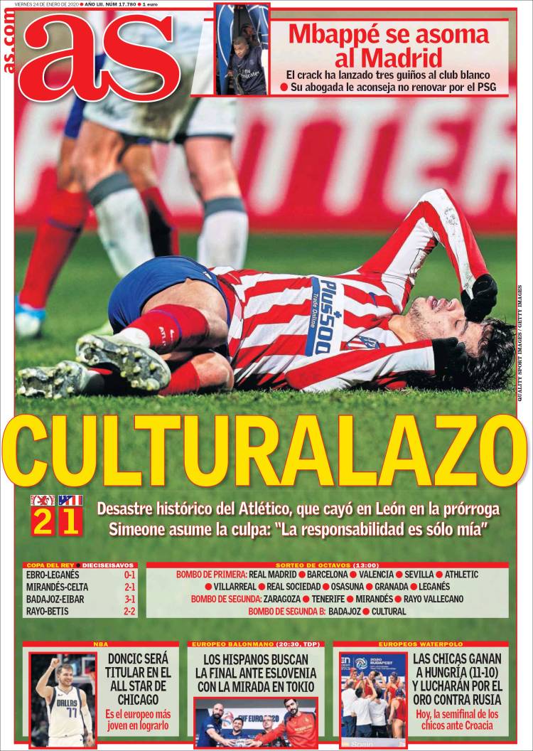 Portadas de diarios deportivos del mundo del 24 de enero del 2020