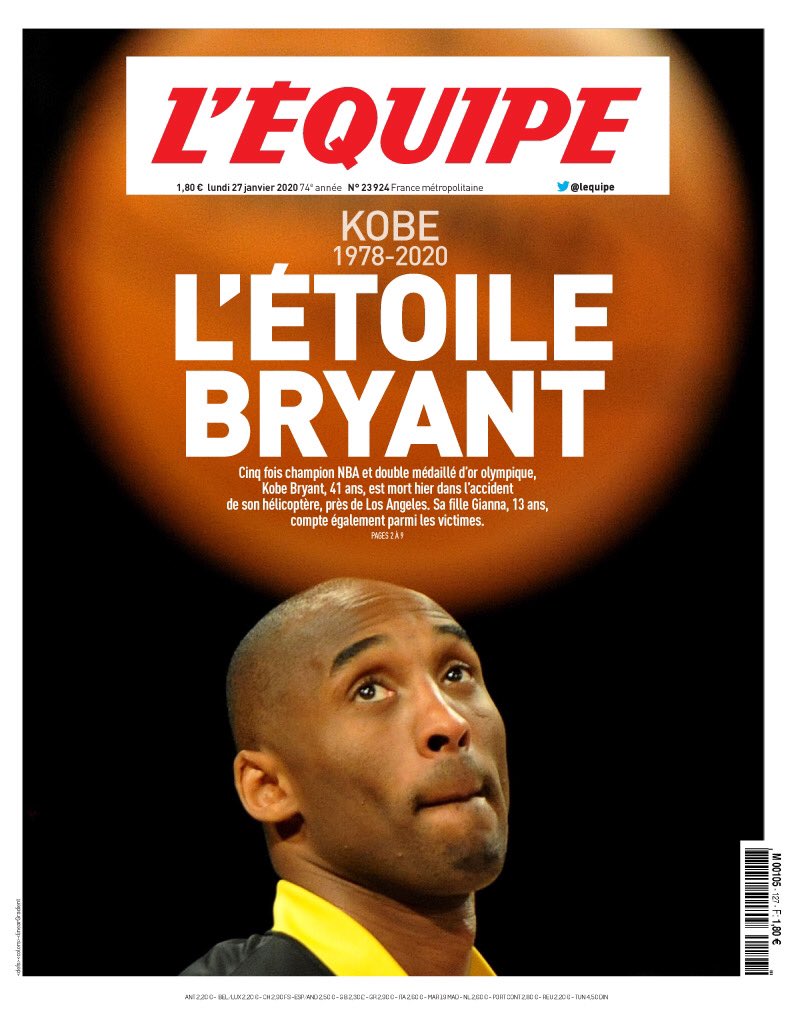 Un hecho que sacudió al mundo: La muerte de Kobe Bryant en las portadas más importantes de todo el mundo.