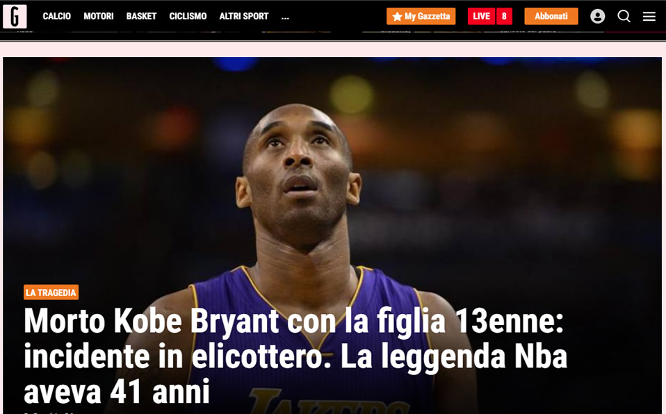Un hecho que sacudió al mundo: La muerte de Kobe Bryant en las portadas más importantes de todo el mundo.