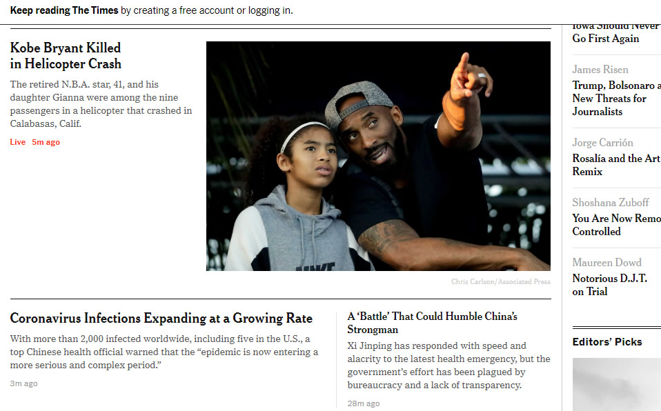 Un hecho que sacudió al mundo: La muerte de Kobe Bryant en las portadas más importantes de todo el mundo.