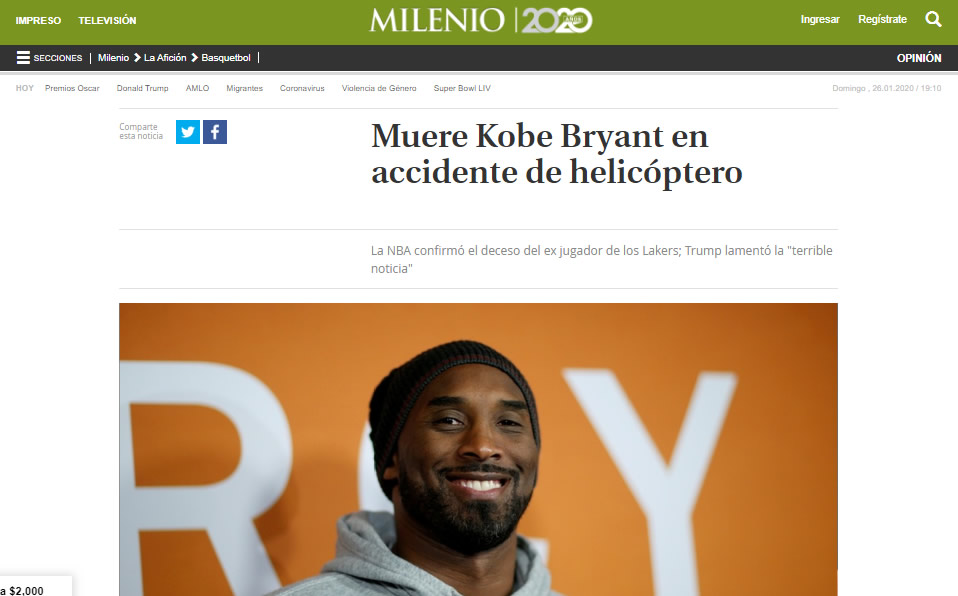 Un hecho que sacudió al mundo: La muerte de Kobe Bryant en las portadas más importantes de todo el mundo.